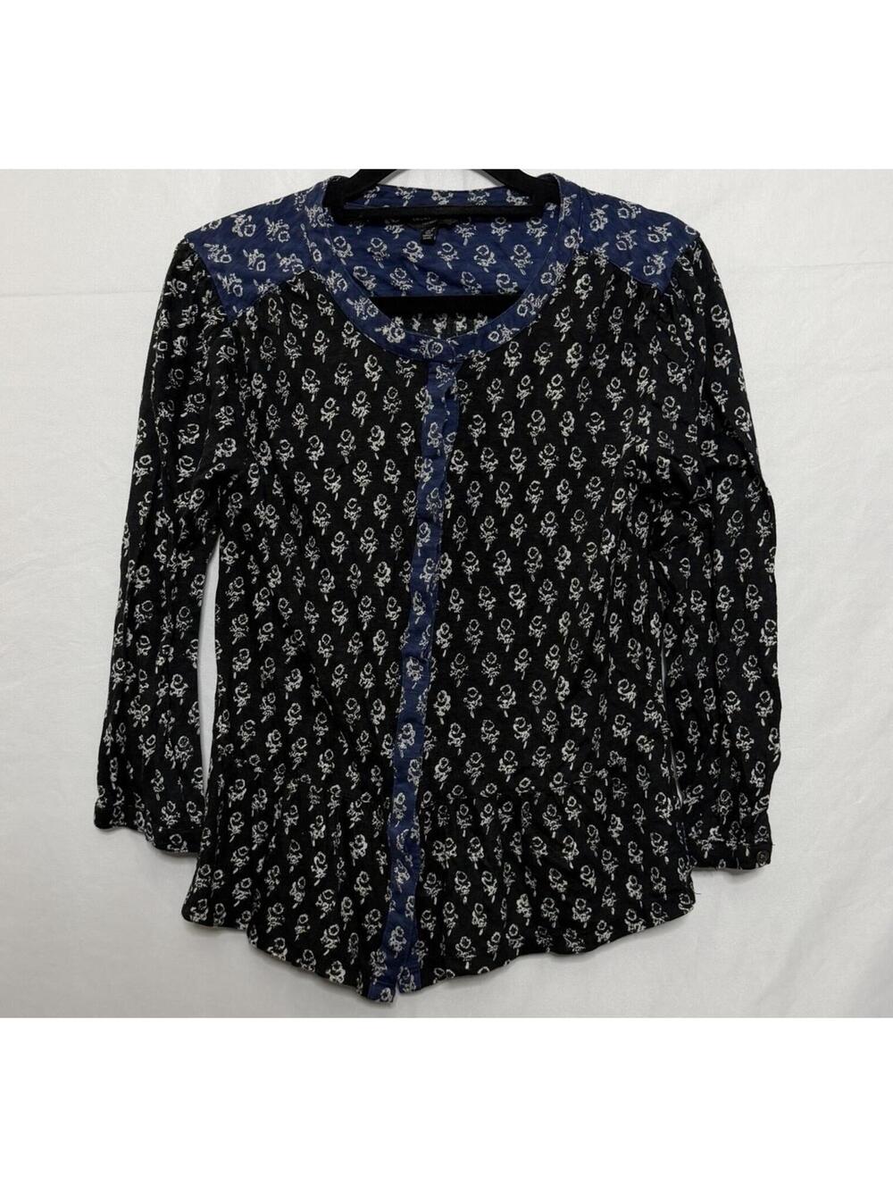 Lucky Brand Colorblock Floral Long Sleeve Top Size M Navy Black Boho Cottagecore